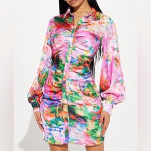 Fashion Nova Madison Satin Multicolor Button Up Mini Dress New With Tags